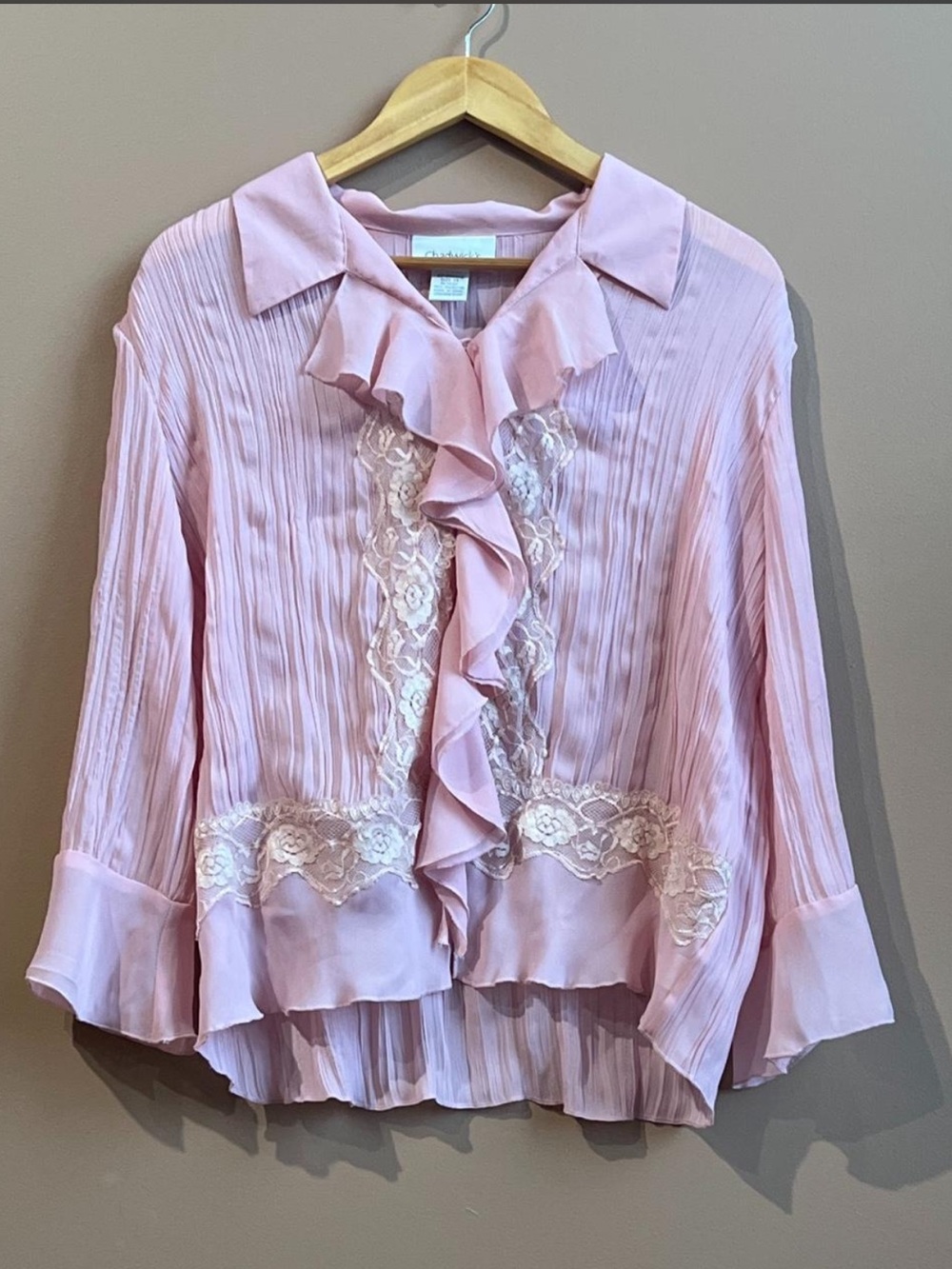 Chadwicks Light Pink Ruffled Lace-Trim Blouse